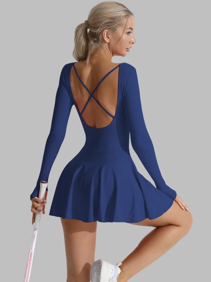 Sean Tsing Women Tennis Dresses Long Sleeve Backless Golf Wear Built in Shorts Athletic Workout Sports Fitness Rompers Vestidos