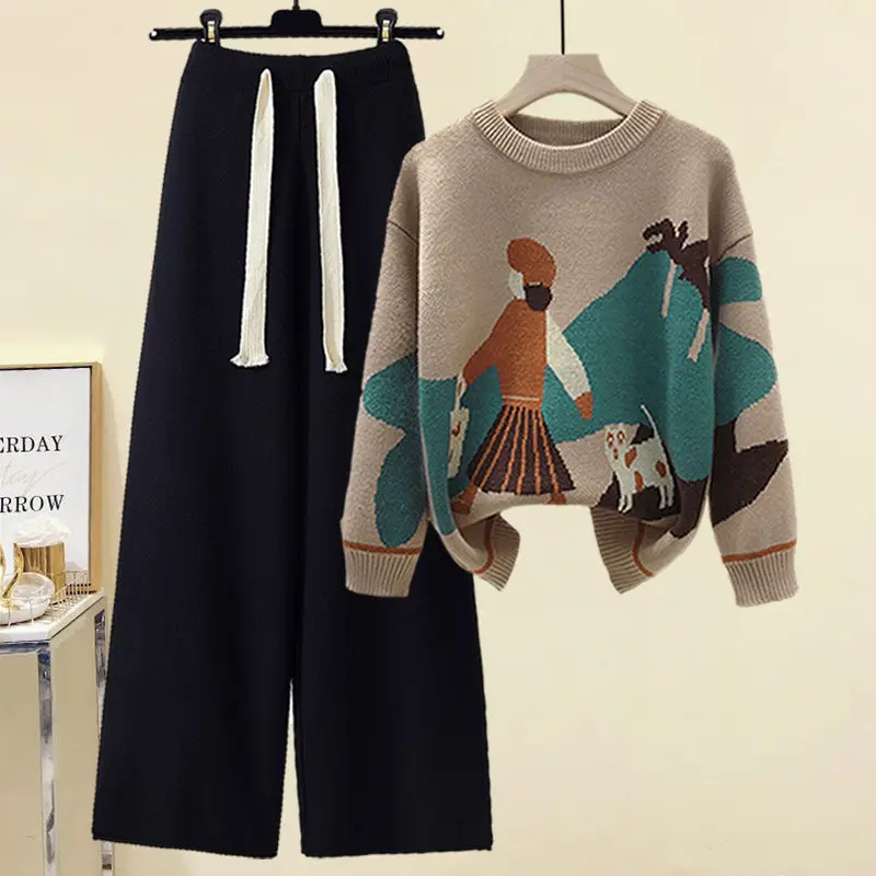 Korean Cartoon Comics Knitted Sweater Pullover Lace Up Knitted Pants Two Piece Set Elegant Women's Pants Set Winter Outfits