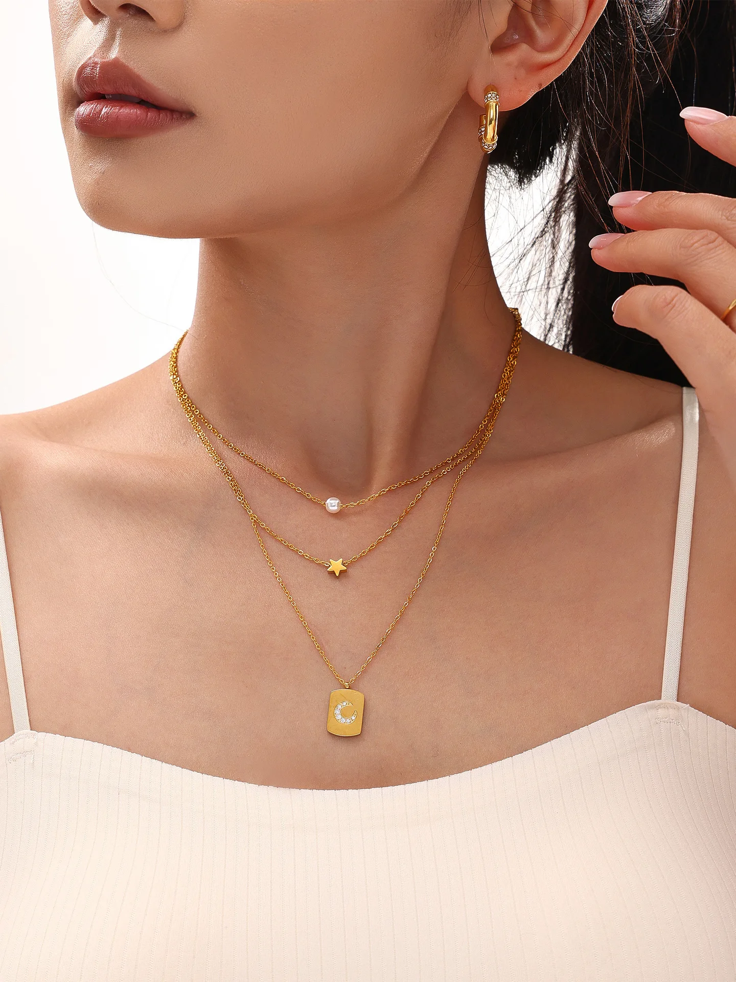 Nachahmung Perle Stern Anhänger Halskette Edelstahl Ring Set frauen Gold Farbe Silber Doppel Schichten Halskette Luxus Schmuck – Detail 5
