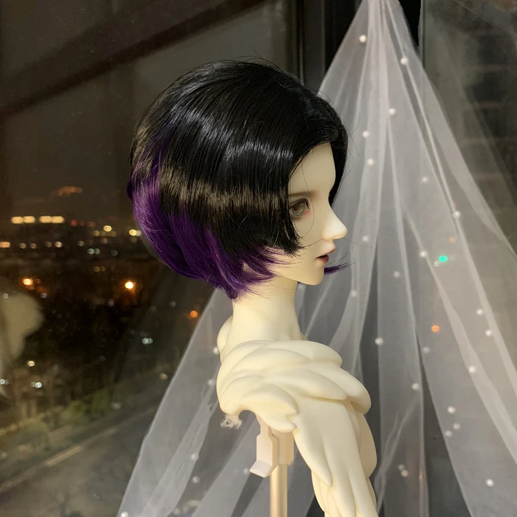 

Парик для куклы 1/4 BJD, черный + темно-фиолетовый, средние короткие волосы