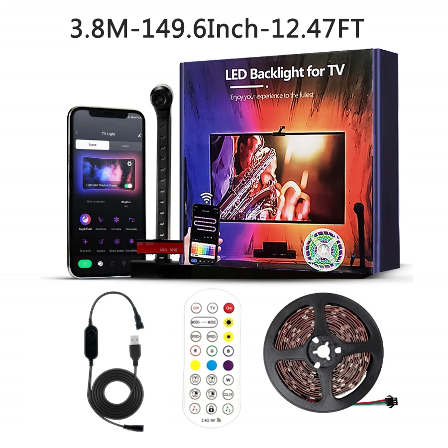 Luz de fundo led para tv inteligente com câmera, adequada para tela de 55-65 polegadas, tela sincronizada e faixa de led flexível de música