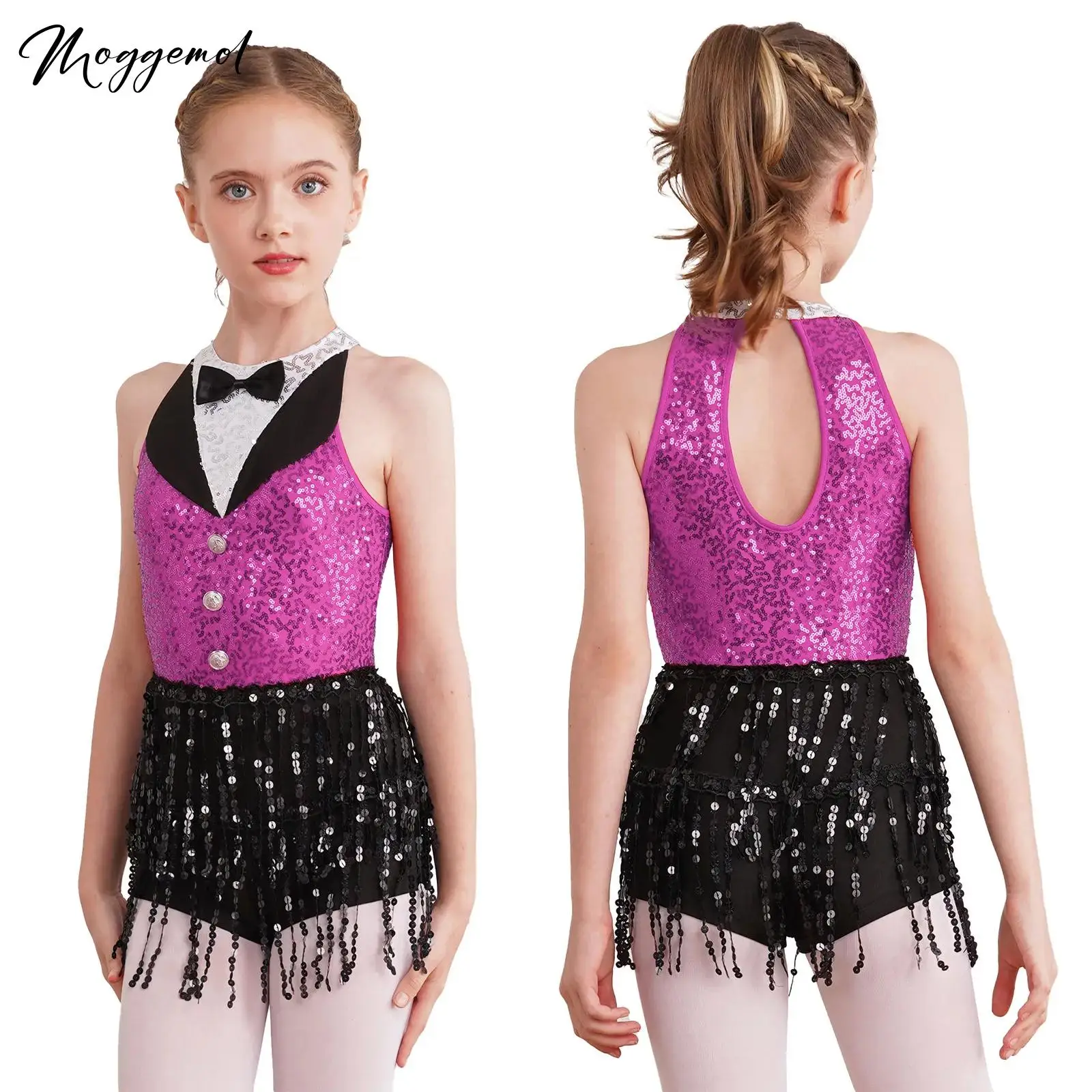 Kids Girls Latin Jazz Dance Performance Costume Back Keyhole Boyshorts Sequin Tassel Tango Cha-Cha Samba Hip Hop Dance Dress