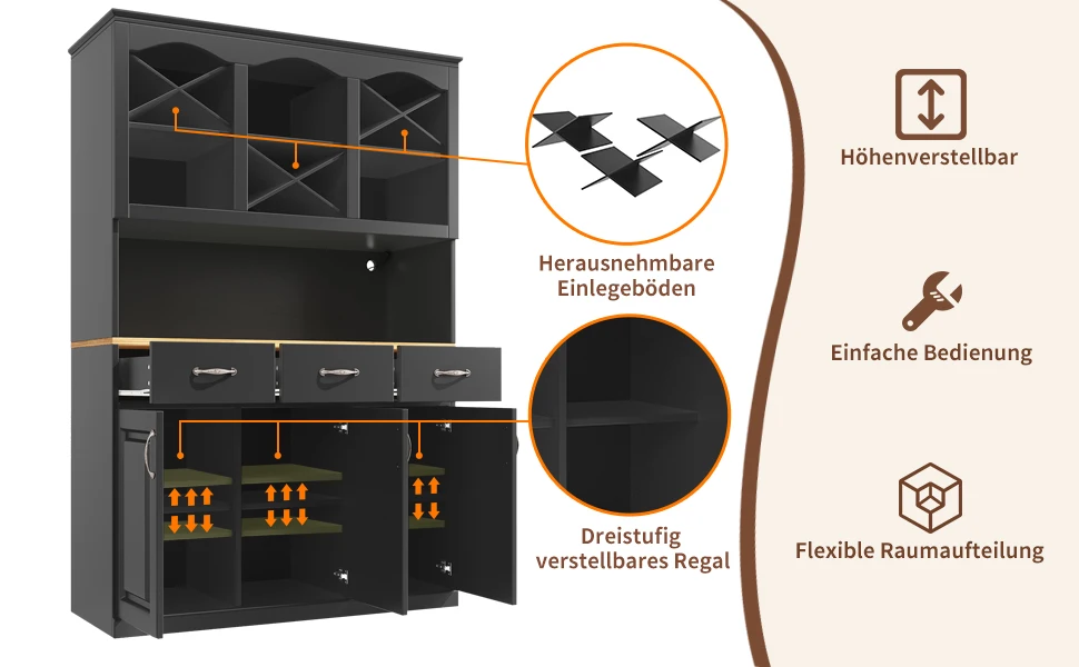 Küchenschrank (120 × 40 × 180 cm), hohes Küchenbuffet, Mehrzweckbuffet, Snackschrank, Aufbewahrungsmöbel mit drei Türen – Detail 22