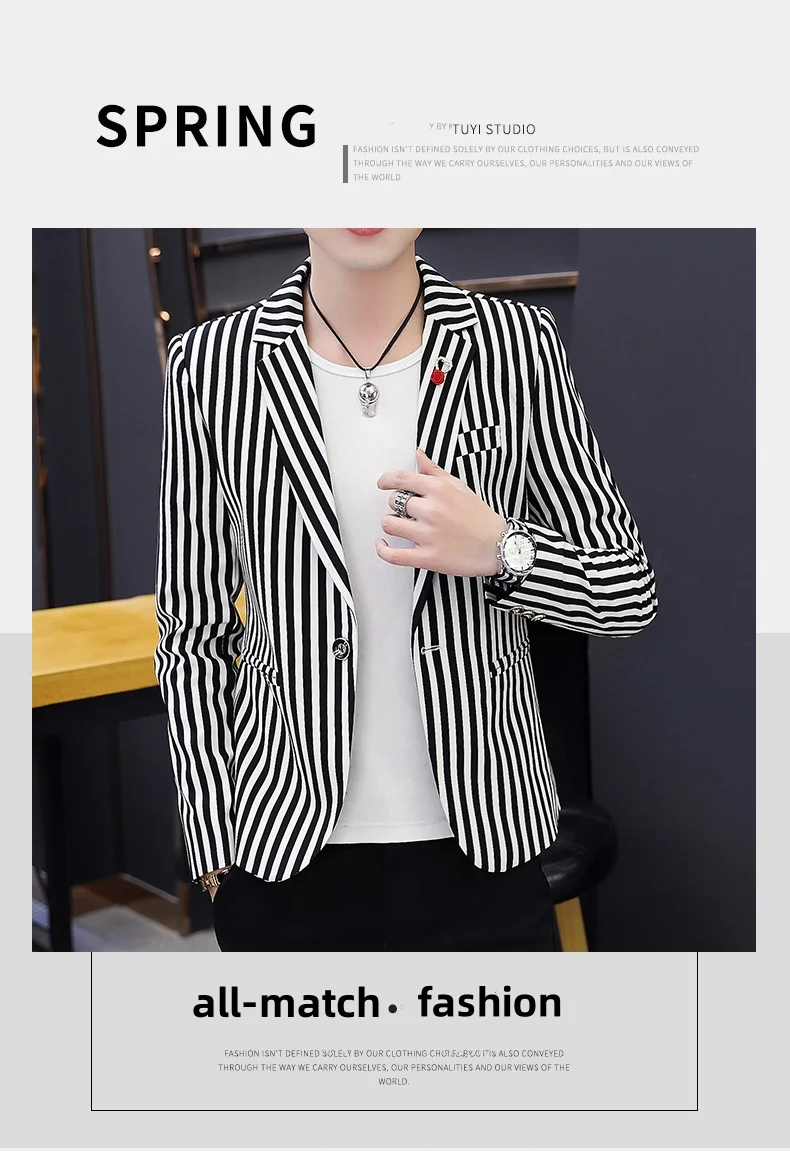 Description Picture 3 of itemFour seasons new suit boutique fashion Korean version handsome striped slim casual suit jacket jacket men's small suit