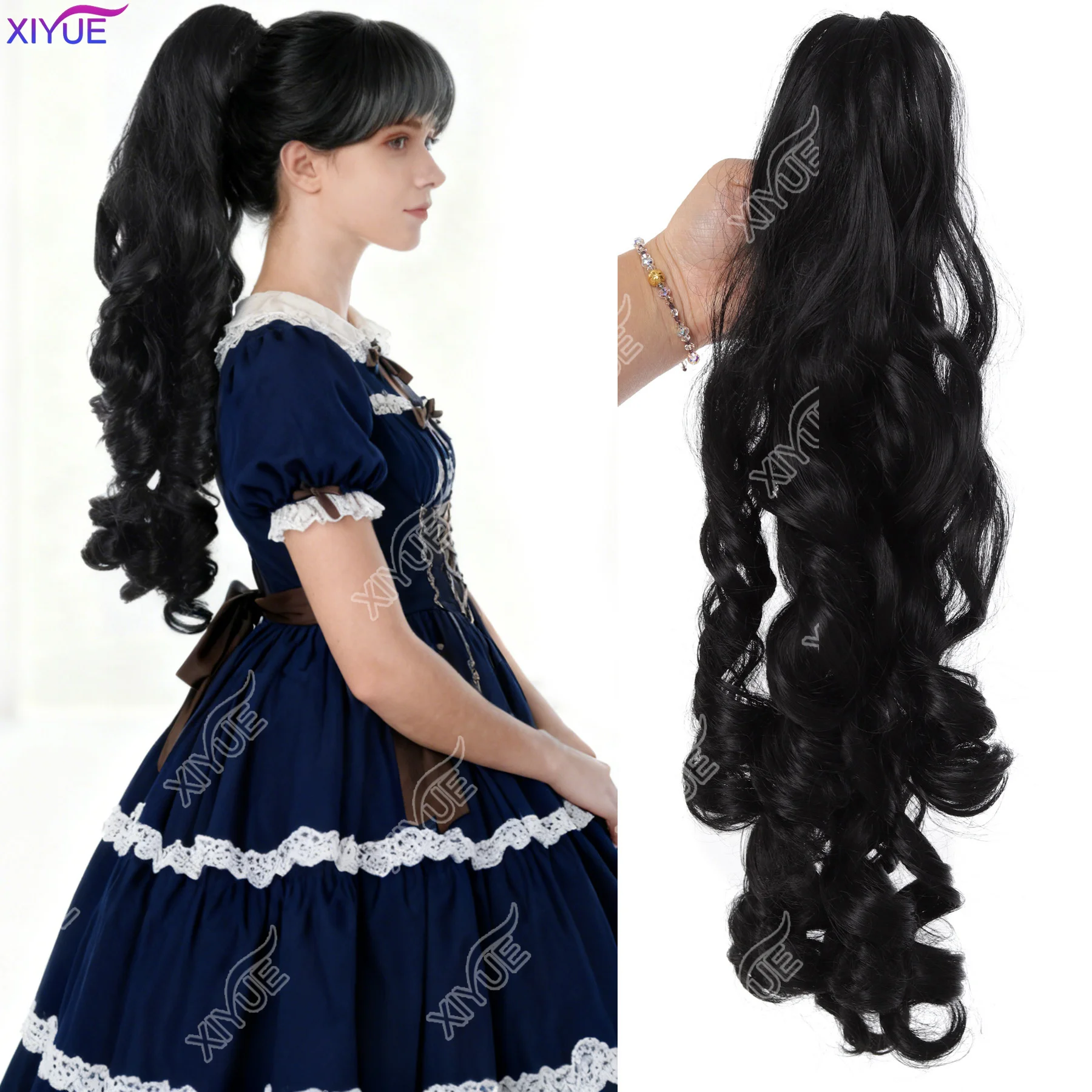 XIYUE 50cm Long Black Curly Clip In Hair Extensions Pieces Pony Tail Synthetic Hair Claw Ponytail for women