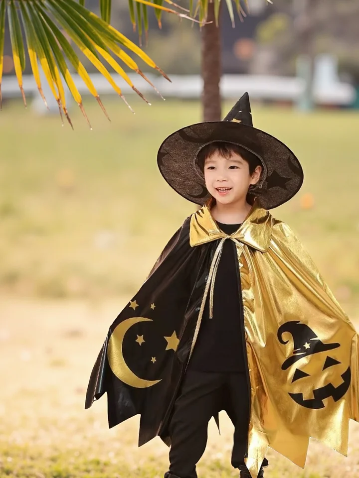 Kids Wizard Costume Set - 3 Piece Cloak, Hat & Broom For Halloween Dress Up