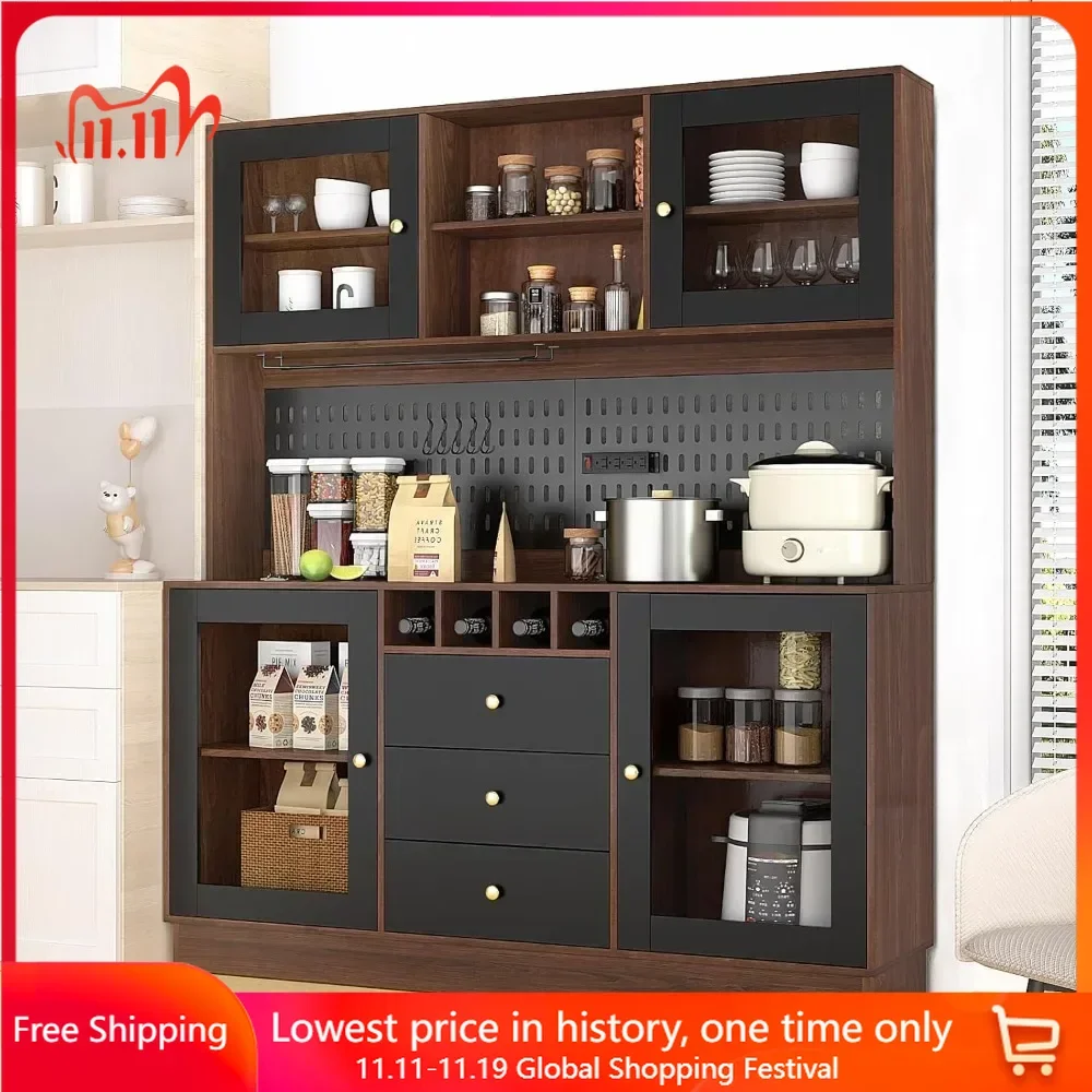 Wine Cabinet with Pegboard, Cup Holder, Power Outlet, 4 Doors & 3 Drawers, Microwave Shelf & Wine Rack, Freestanding Bar Cabinet