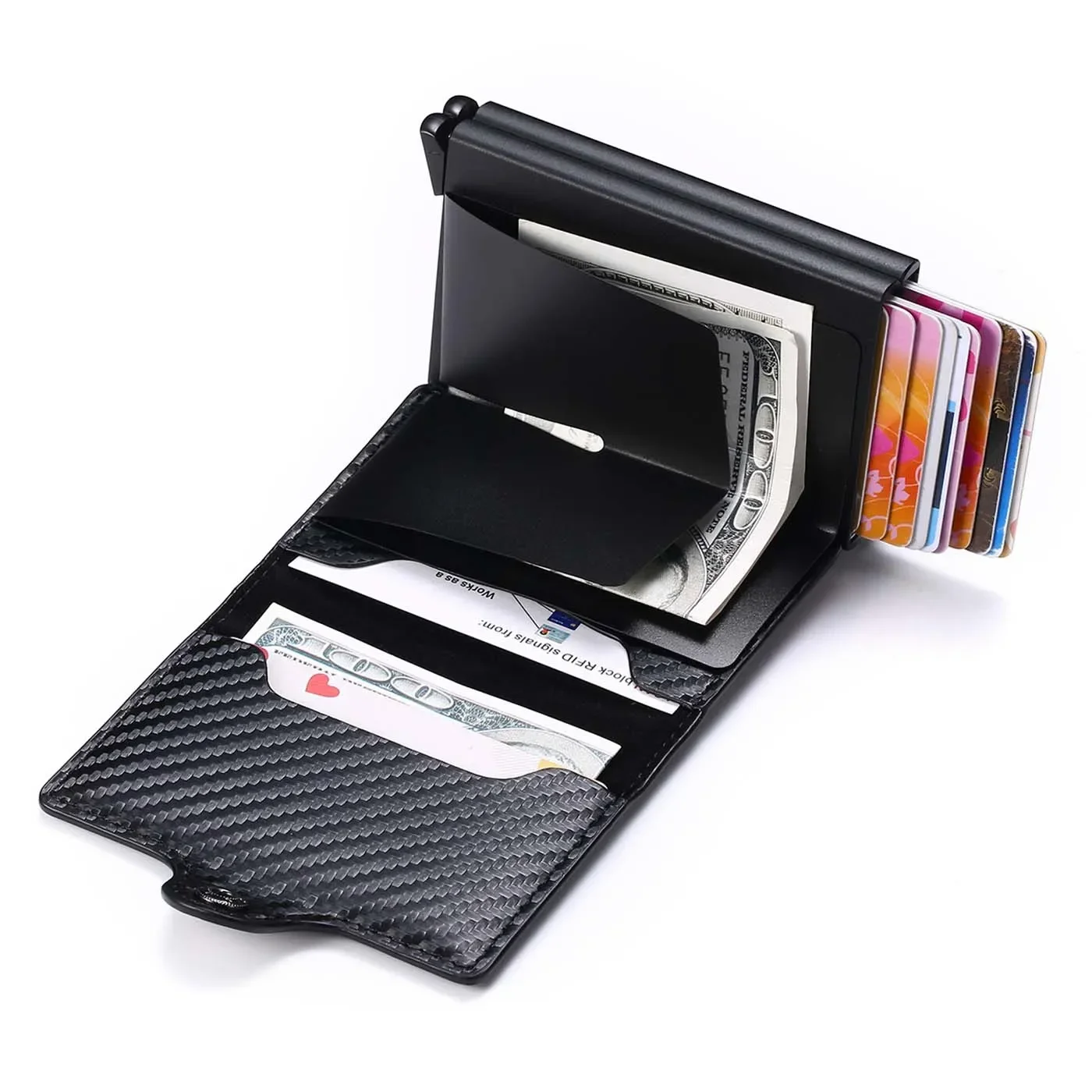 Men's Carbon Fiber Double-layer Wallet - Free Name Engraving - RFID Blocking Mini Card Holder (12-14 Slots) - Small Money Purse - 3