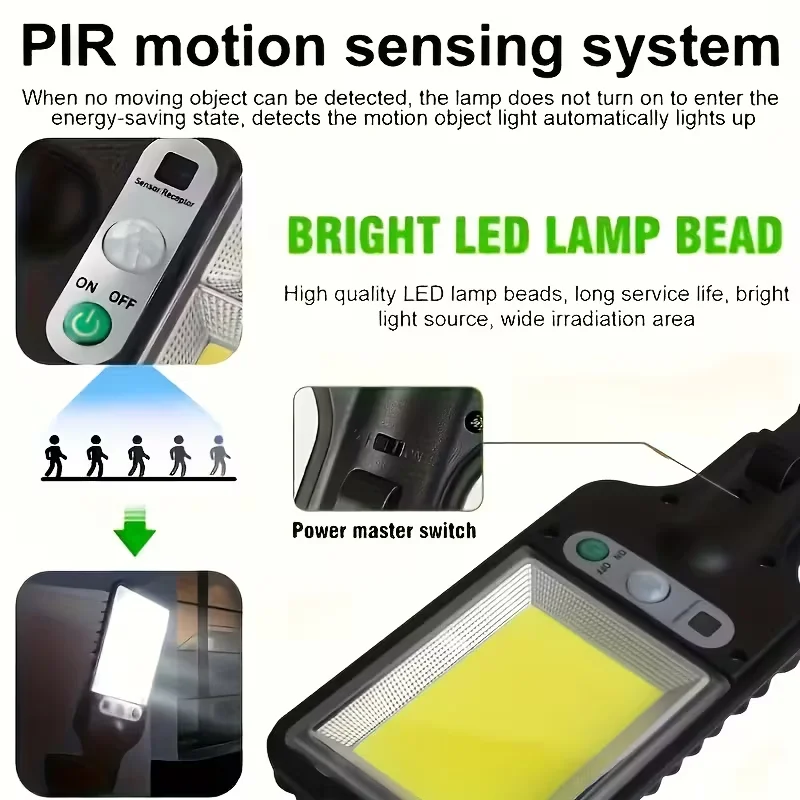 Luz LED/COB con Sensor de movimiento Solar, lámpara de pared para exteriores con 3 modos de brillo para puerta delantera, patio, camino, plantación de carport, resort de esquí