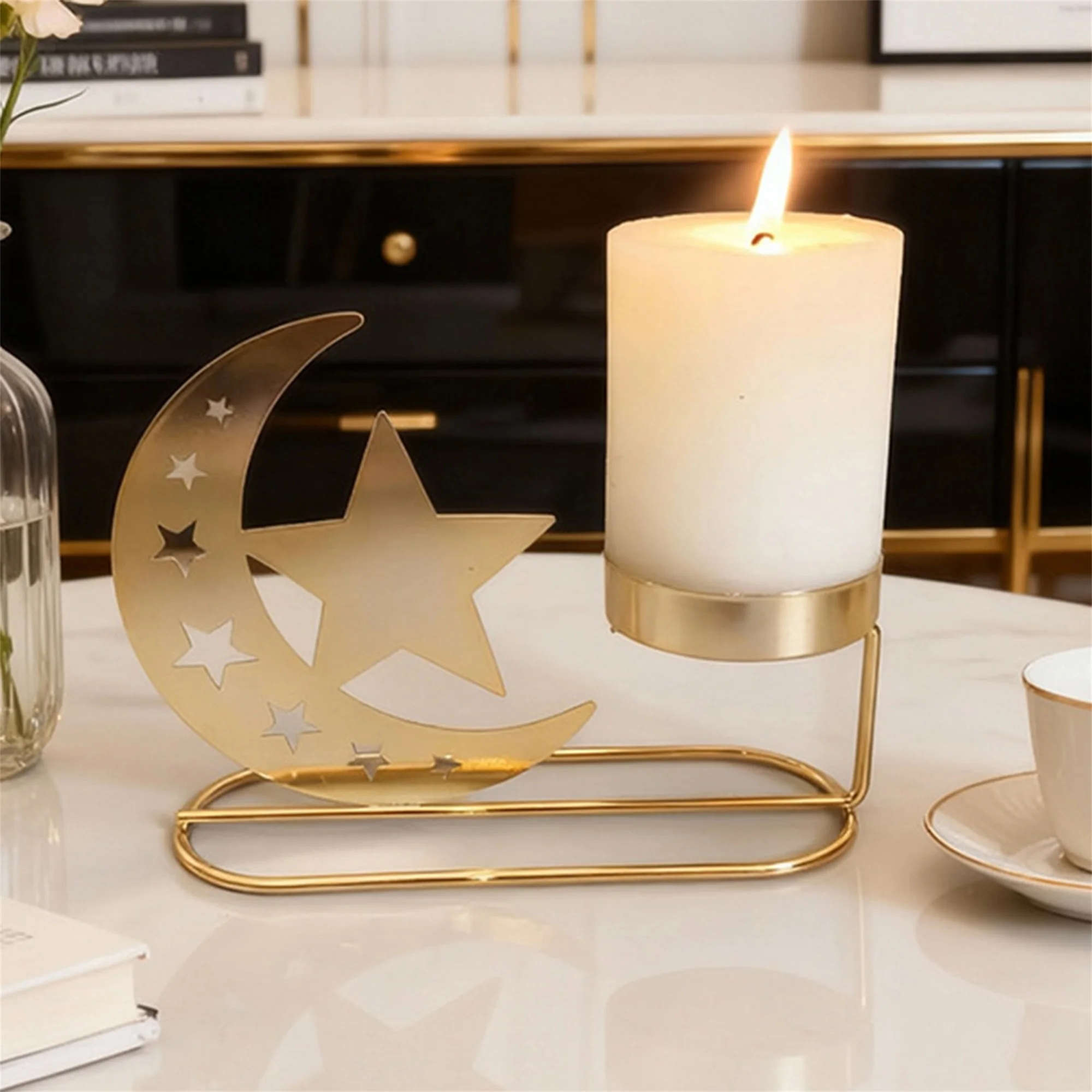 Elegant Ramadan Crescent Moon Candle Holders Set with Eid Mubarak Table ...