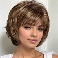 HAIRJOY cheveux synthétiques perruques courtes droites pour les femmes blanches perruques brunes mélangées avec frange perruque perruques de cheveux courts 3