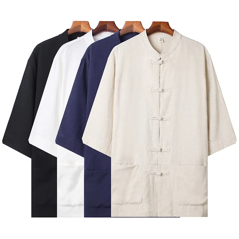 New Chinese Cotton and Linen Tang-style Hanfu Short-sleeved Large-size Retro Five-quarter-sleeved Shirt
