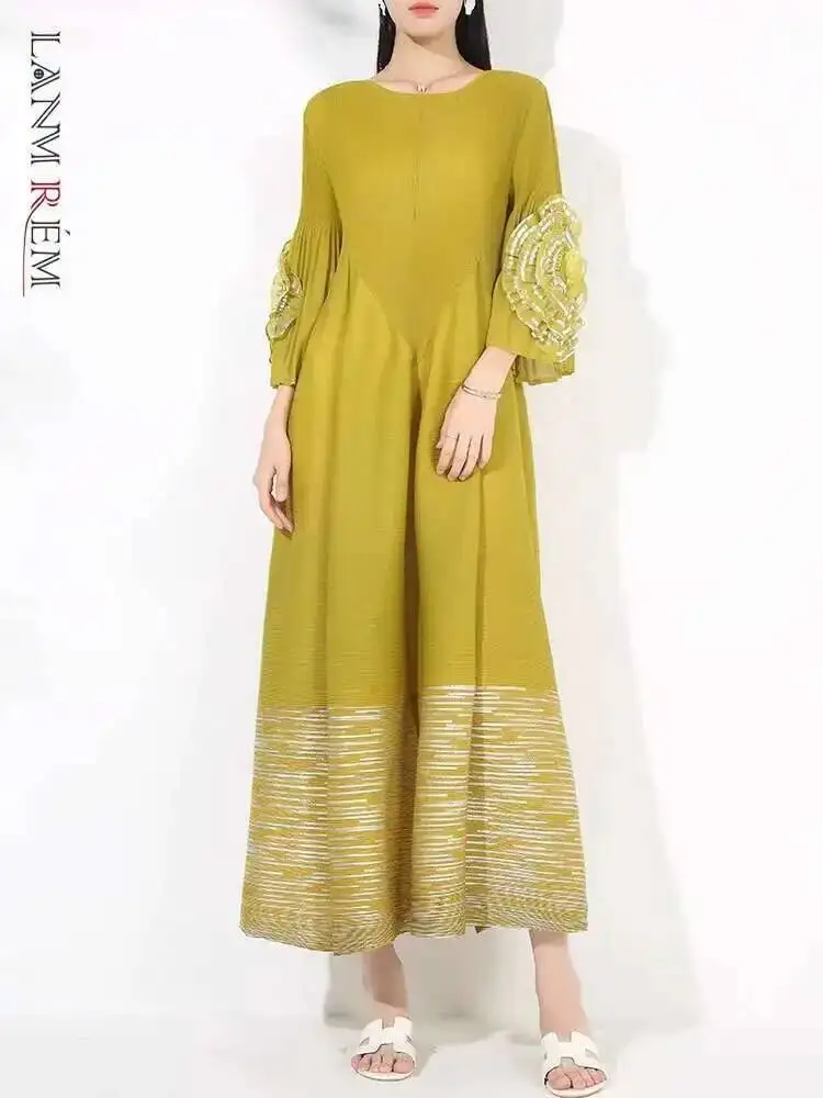 LANMREM Women's High-end Fashion Dress With Flower Ruffles Sleeves Round Neck Loose Big Size Long Dresses 2025 New 2DB1142