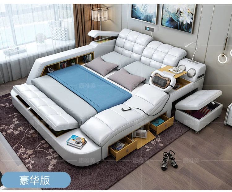 European King Double Bed Wood Queen Headrest Multifunctional Double Bed Twin Smart Luzko Wielofunkcyjne Furniture For Bedroom