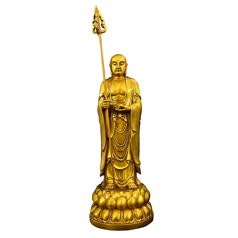 Solid Brass Ksitigarbha Bodhisattva Statue (Dizang Wang) - Handmade Buddhist Altar Figurine for Home Shrine Worship, Meditation