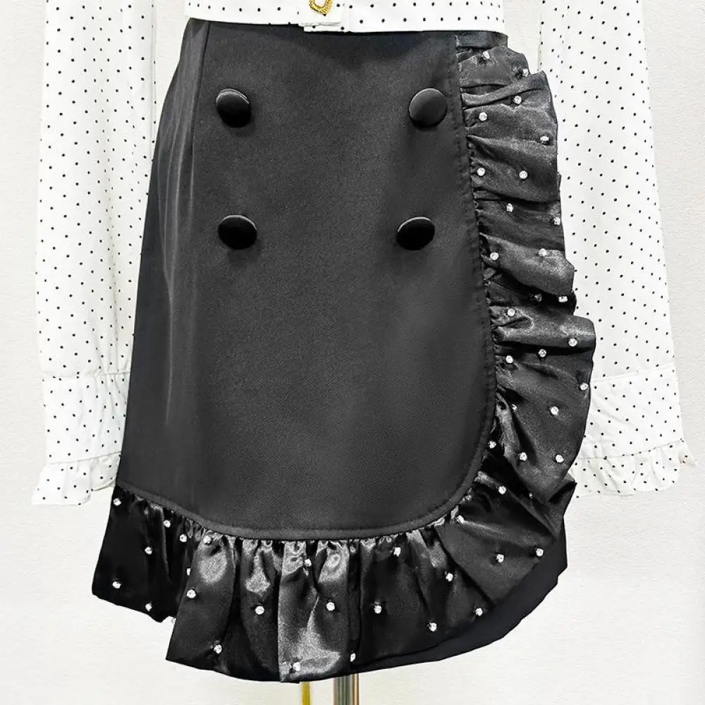 

High Waisted Solid Color Black Wood Ruffles Slim Mini Skirts Beading Diamond Button A-Line Zippered Skirt New Spring/summer 2024