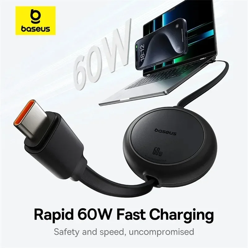 Выдвижной USB-кабель Baesus, 60 Вт, для iPhone 15 Plus Pro Max, кабель для быстрой зарядки и передачи данных для MacBook iPad, кабель типа C