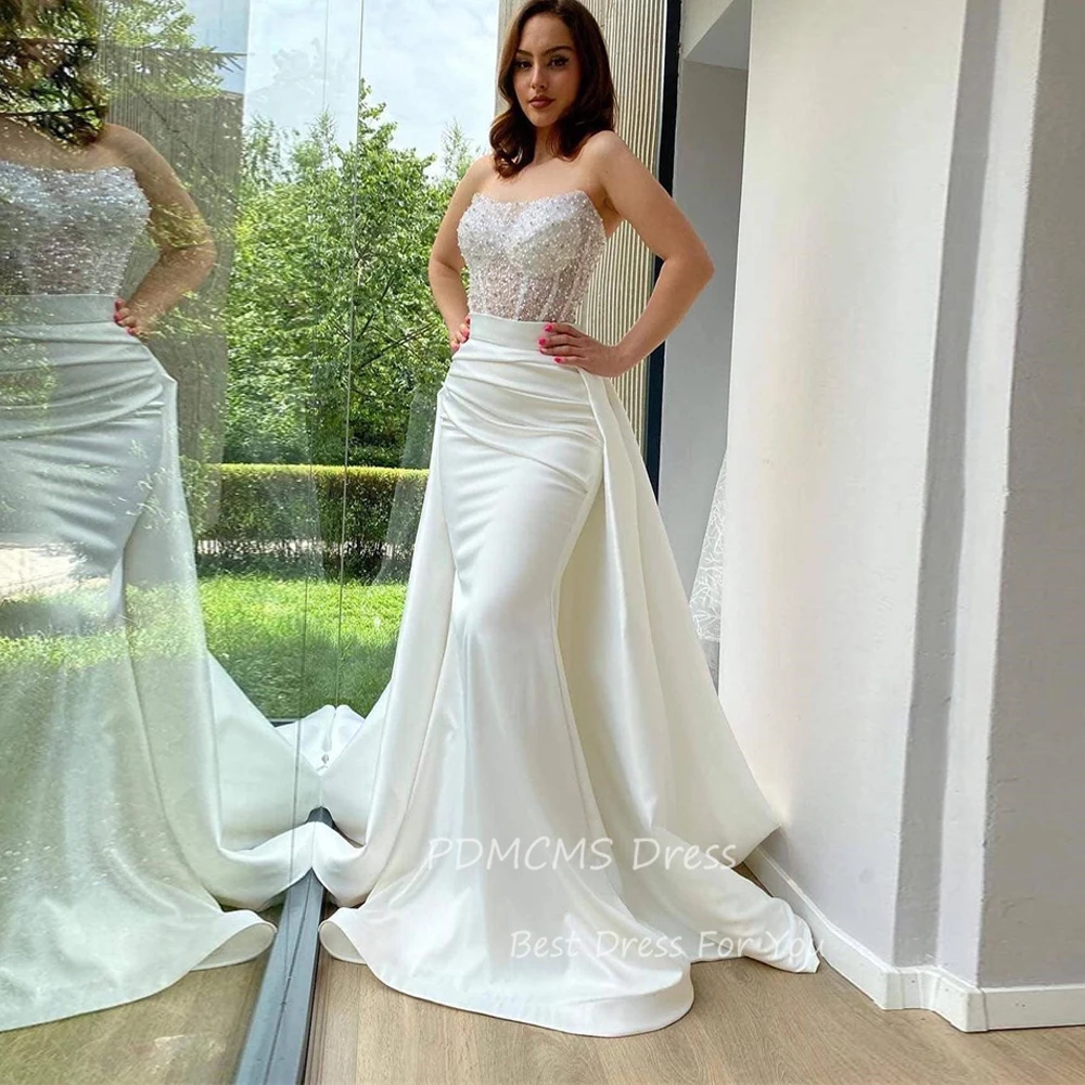 

Shiny Strapless Sequins Mermaid Wedding Dresses with Detachable Train Bridal Dress Satin Formal Bride Gowns Sexy robe de mariée