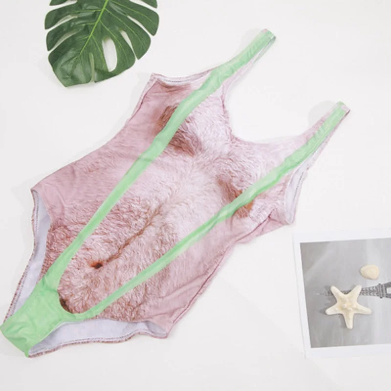 Bañador de una pieza con estampado de Borat para mujer, traje de baño Sexy con pelo en el pecho, ropa de playa para verano