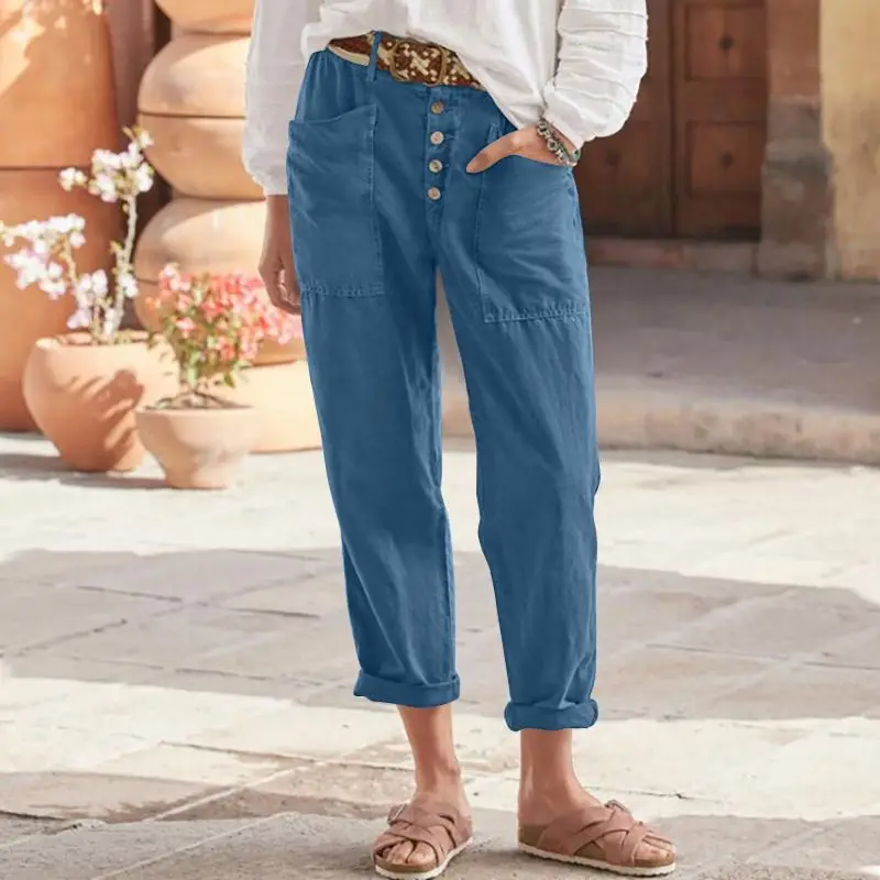 Women's Cotton Linen Cargo Pants Comfortable Casual Loose High Waist Big Pocket Harem Pants Straight Trousers Ladies Daily Wear