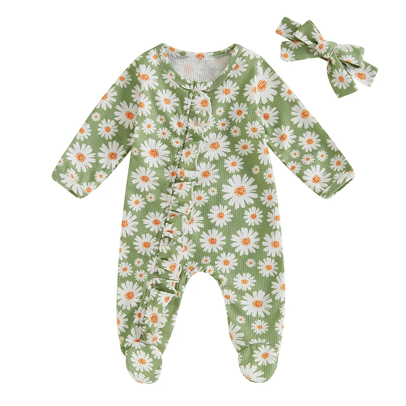 Baby Girl Footed Romper Long Sleeve Round Neck Daisy Print Ruffled Full Length Jumpsuit with Headband