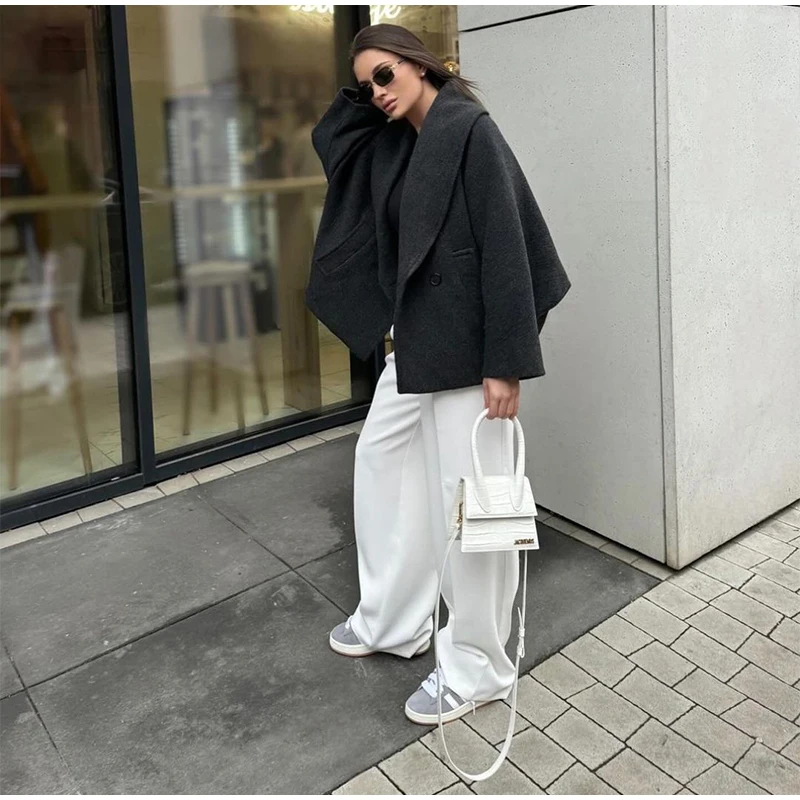 Retro Loose Woolen Blend Coat Women Lapel Double-Breasted Long Sleeve Pocket Thick Gray Jacket 2025 Autumn Spring Streetwear