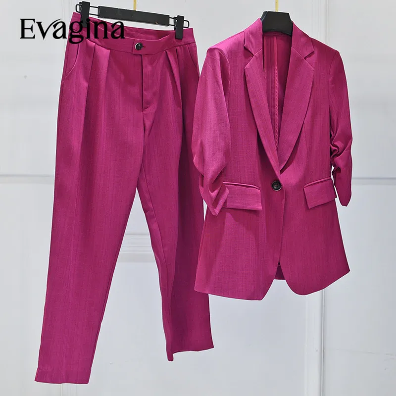 

Evagina Runway High Street Fashion Suit Designer Women's Notched Collar Long Sleeves Blazer Tops+Long Trousers 2pcs Set New
