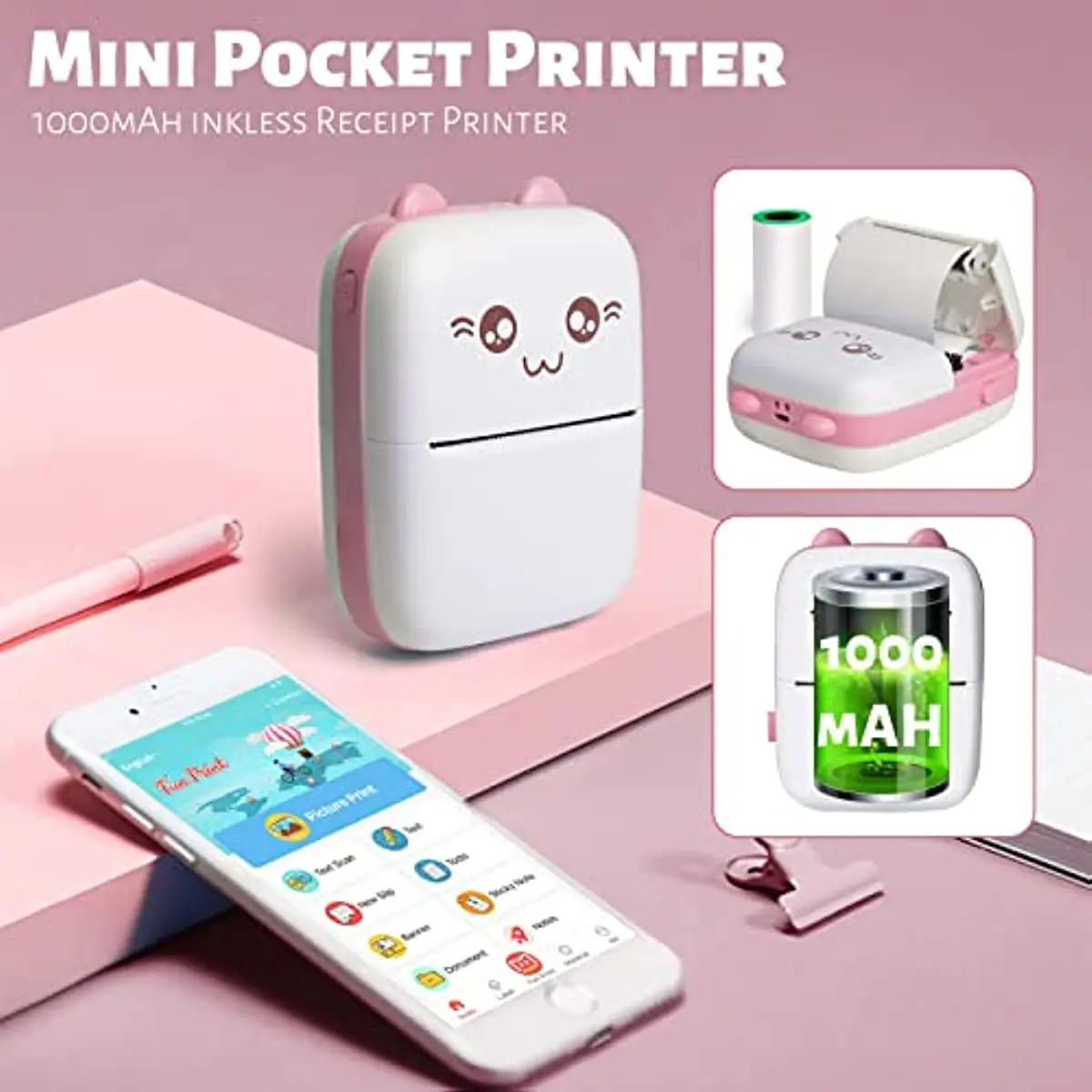 Mini impresora portátil, impresoras térmicas de bolsillo Bluetooth con 7  rollos de papel de impresión para smartphone, impresión sin tinta, regalo