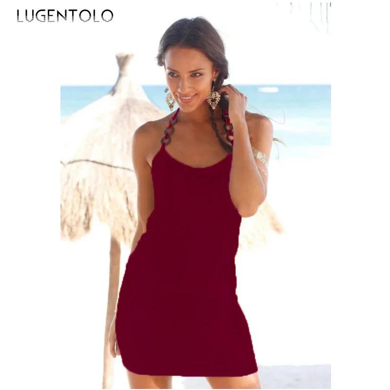 

Sexy Dress Women Summer Sleeveless Backless Slash Neck Slim Elegant Beach Casual Female Short Clothing Lugentolo