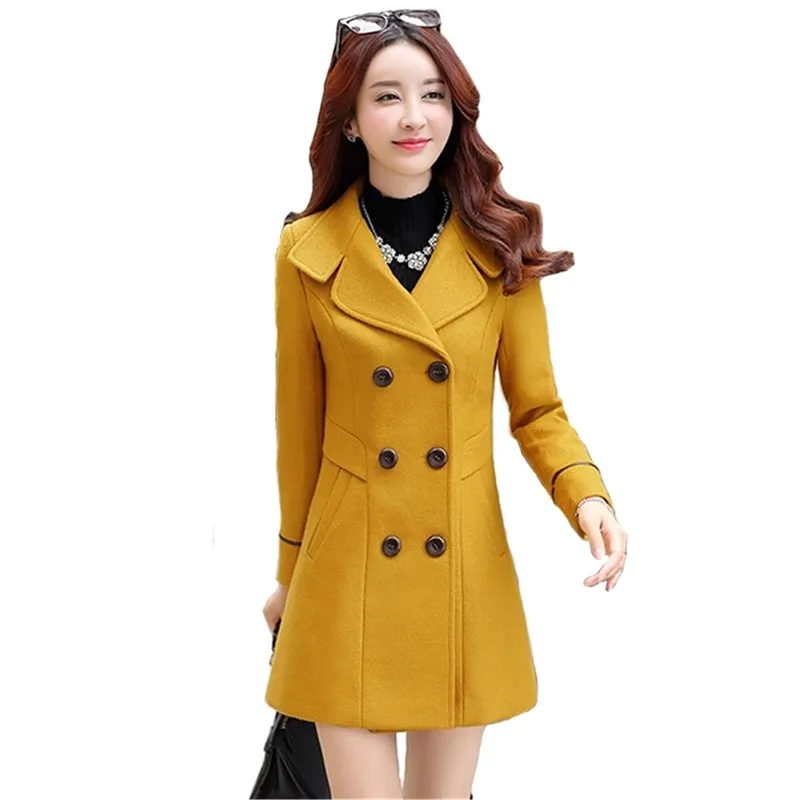 

New Autumn Winter Women Woolen Coat Slim Windbreaker Coats Female Fashion Yellow Wool Blends Jackets Female Outerwear Mujer Coat