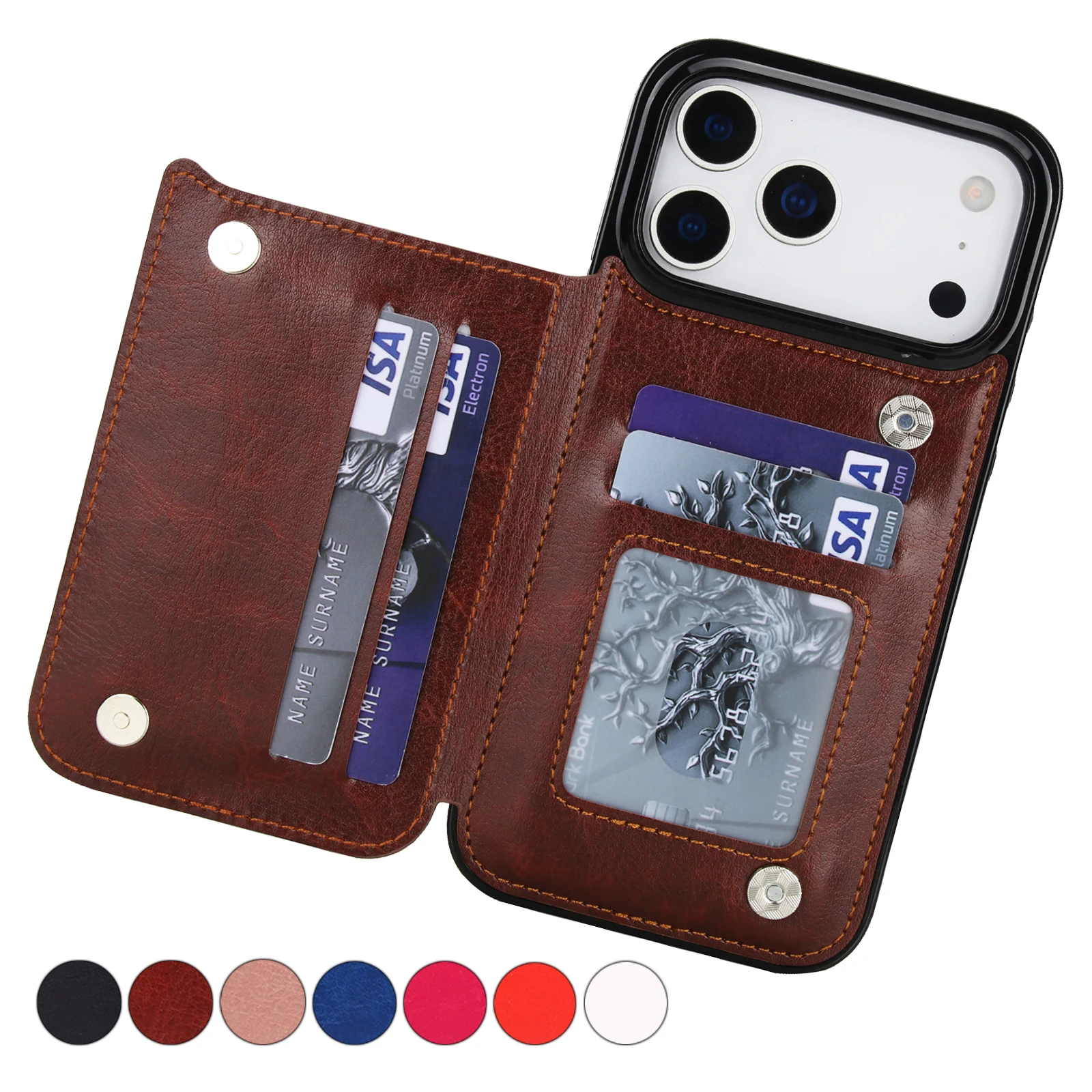 Sleek Solid Color Double Buckle Leather Wallet Case with Card Slot and Magnetic Flip - Shockproof Protective Cover
