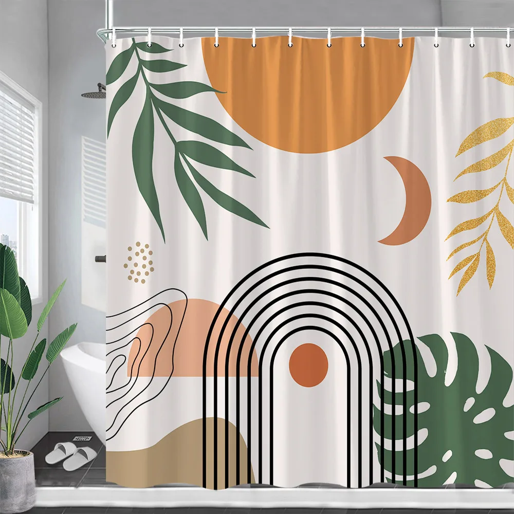 

Abstract Mid Century Shower Curtains Black Lines Leaves Modern Geometric Boho Bath Curtain Fabric Bathroom Decor Set with Hooks