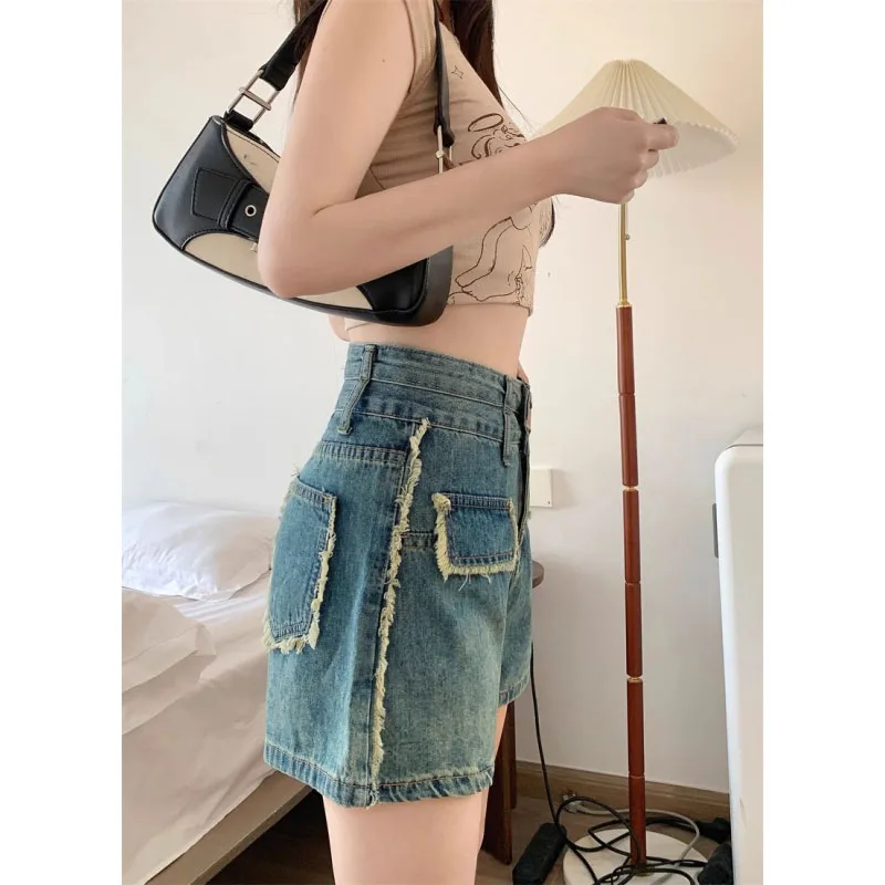 Women's 2024 new Summer Fashion High Waist Button Spliced   Versatile Casual Loose Simplicity Commuter Vintage denim shorts