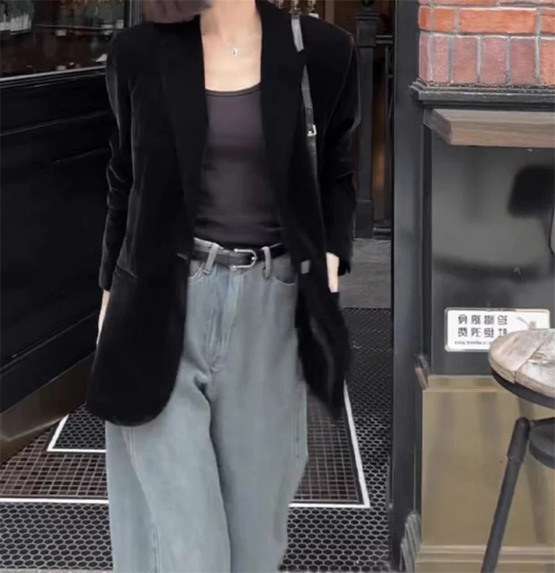 Autumn New Black Velvet Women's Blazer Fashion Long Sleeve Single Button Casual Loose Temperament Suit Top Female Outerwear 5