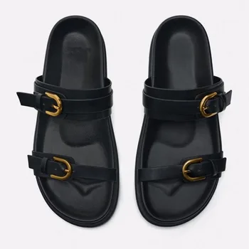 2024 Women's Sandals Metal Buckle Flat Sandals Woman Black Flat Slingback Shoes Female Summer Straps Round Toe Shoes 1