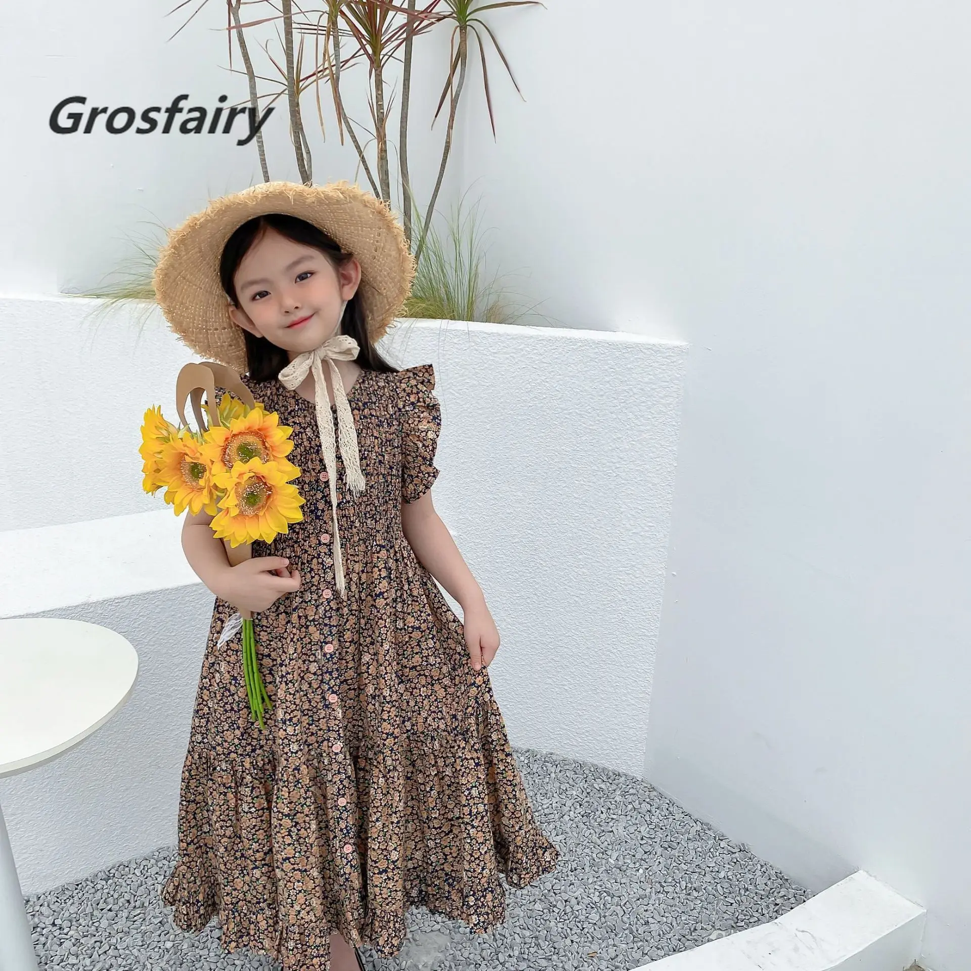 

Baby Girls Clothes Summer Stylish Long Dress Cotton Sweet Girl's Retro Floral Pattern Dress