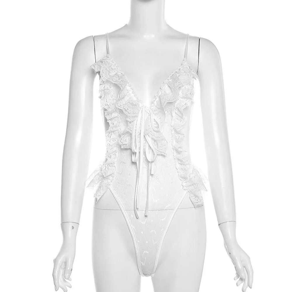 BKLD 2024 Summer Fashion Women Trending Clothing New Spaghetti Strap V-Neck Ruffles Patchwork Lace Sheer Slim Fit Bodysuit Tops