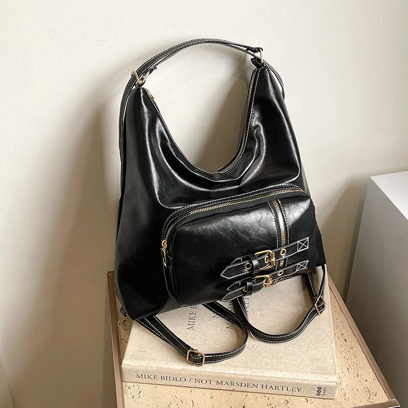 Portable PU Leather Shoulder Bag Large Capacity Casual Crossbody Bag Multifunctional Backpack For Women