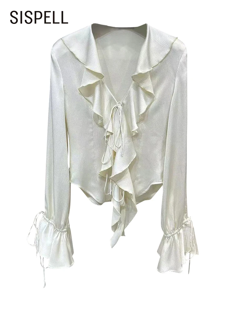 

SISPELL Casual Solid Shirts For Women V Neck Flare Sleeve Patchwork Ruffles Fashion Loose Blouses Female Clothing Spring Style