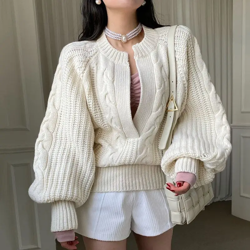 

Sandro Rivers Chic Light Luxury Neckline Hemp Pattern Women's Sweater Pullover Loose Solid Color Lantern Sleeve Knitted Sweater