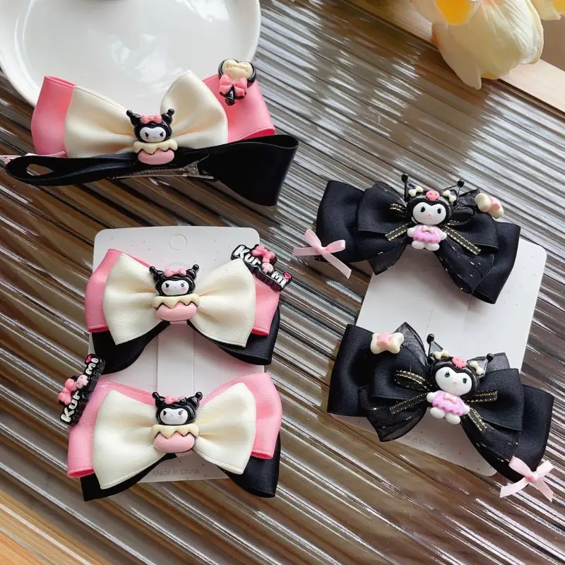 

Anime Sanrios Cartoon Handmade Kuromi Bow Hair Clip Kawaii Sweet Cute Black Pink Girl Lolita Three-Dimensional Ribbon Hair Clip