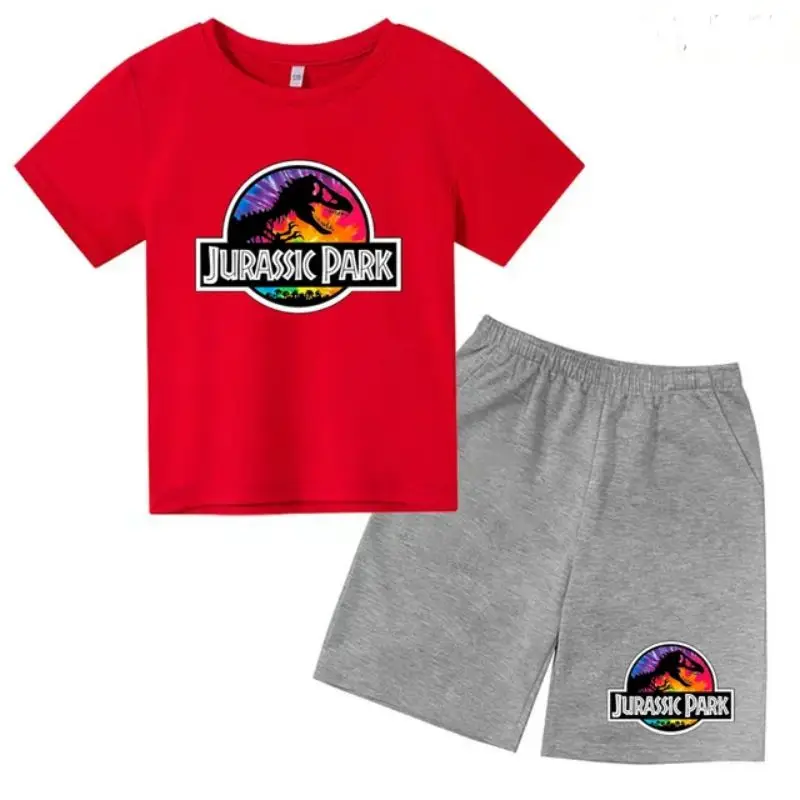 thumbnail image 1 of Conjunto de 2 piezas de camiseta y pantalones cortos con estampado de dinosaurio de Jurassic Park para niños y niñas, con estampado de dibujos animados de verano, 1 of 5