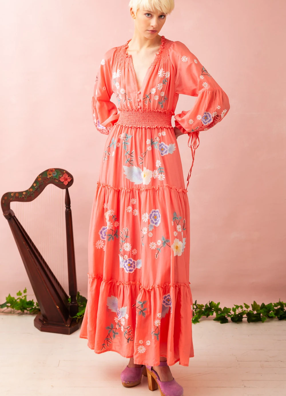 

Vintage Long Sleeve Loose Vestidos Casual Deep V High Waist Slim Dresses Spring 2023 Boho Embroidery Floral Dress for Women