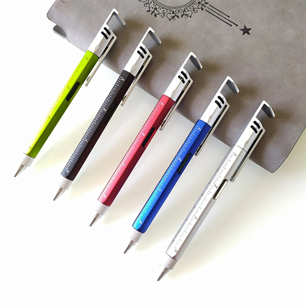 6in1 Multi-Function Pen Spirit Level Mobile Phone Bracket Screwdriver Tool Pen Ballpoint Pen Screwdriver Ruler Measuring Tool