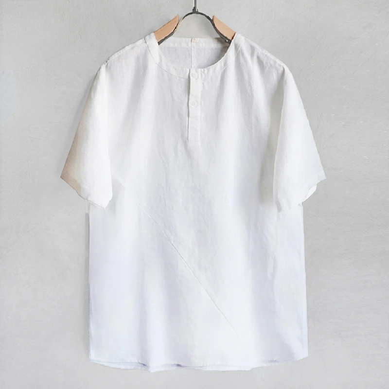 Chinese Style Linen Cotton Short Sleeve Shirt for Men Summer Round Neck Casual Loose-fit Breathable Lightweight Top