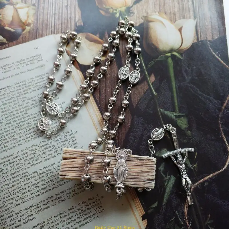 예수 십자가, 가톨릭기도 선물 긴 체인 패션 쥬얼리 소녀를위한 종교 선물과 금속 묵주 비즈 목걸이