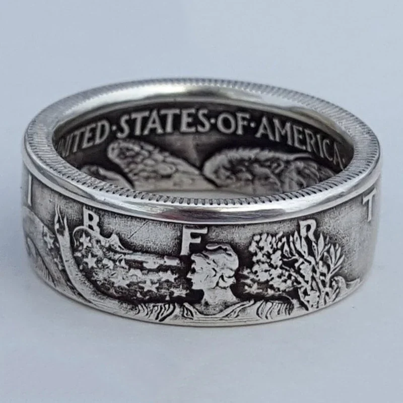 Retro Punk Style Rings for Men Personality Metal Finger Jewelry Old Silver Color Imitation 1945 Half Dollar Design Ring for Men finger ring silver ring