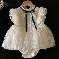 2025 New Summer 0-24M Children Clothes Infant Baby Girls Bodysuits Flying Sleeve Cotton Mesh Splicing Toddler Baby Girl Jumpsuit