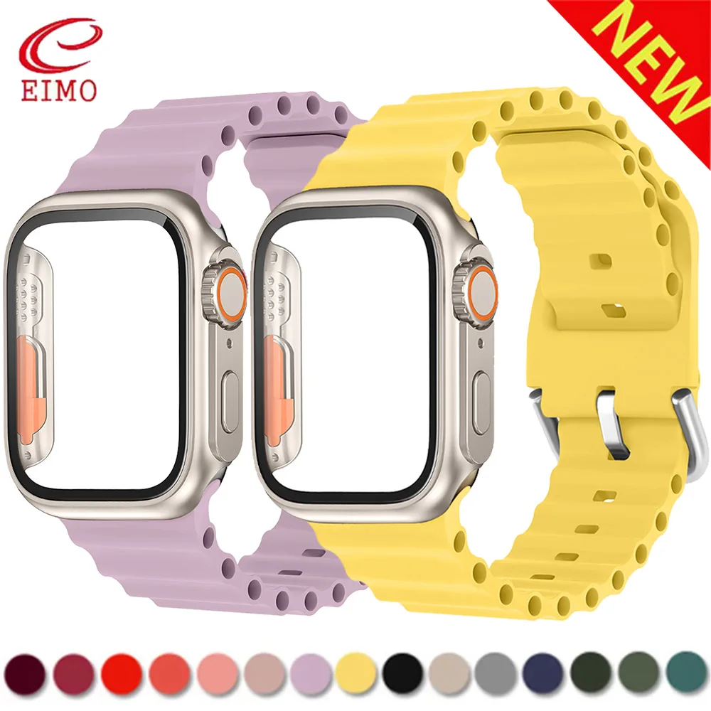 

Change To Ultra Cover+Strap For Apple Watch band 45mm 41mm 44mm 40mm PC Firm Glass+Case Silicone Bracelet iWatch series 8 7 se 6