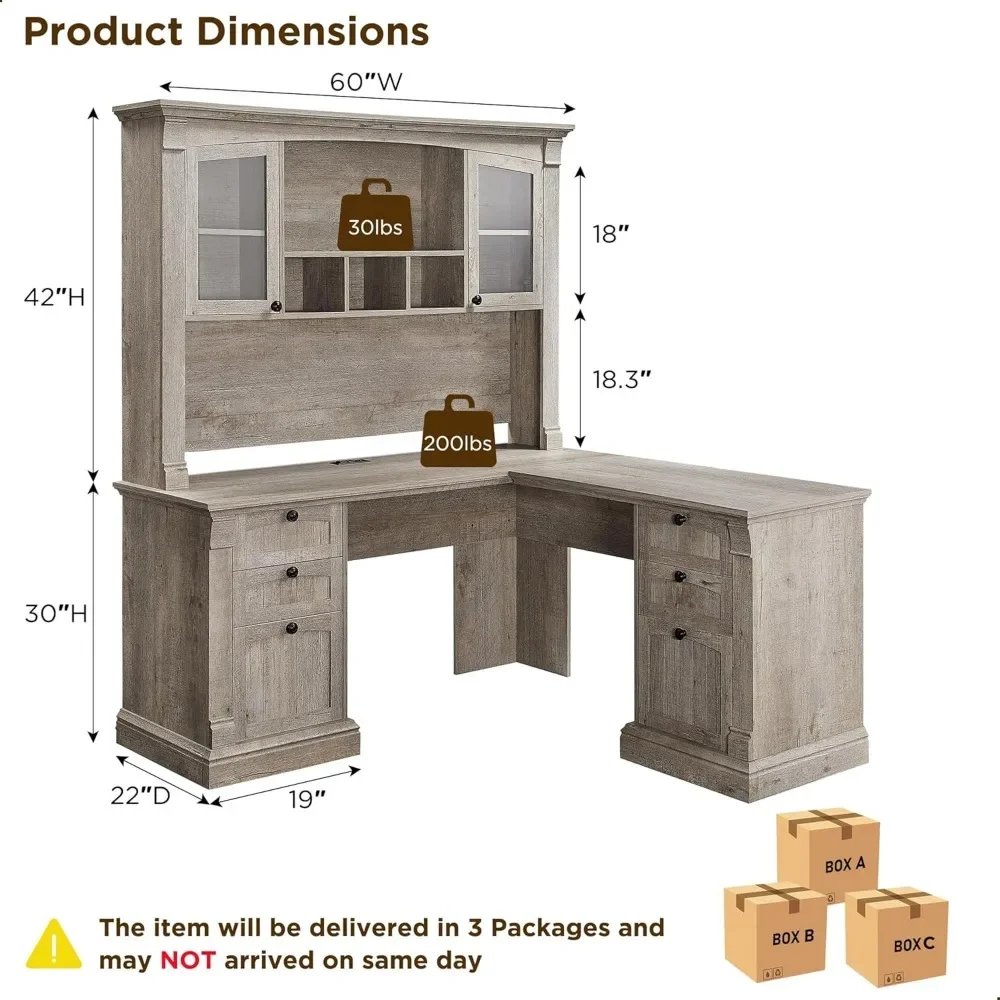 60" L Shaped Executive Desk with Hutch and Drawers,  Home Office Desk with Charging Station, File Cabinet Storage, 6